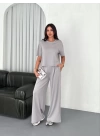 Osy Modal Yumuşak Dokulu Kumaş Bisiklet Yaka T-shirt  Bol Paça Pantalon Ikili Takım - Boyalı Gri