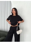 Osy Modal Yumuşak Dokulu Kumaş Bisiklet Yaka T-shirt Bol Paça Pantalon Ikili Takım -Siyah