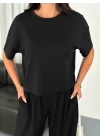 Osy Modal Yumuşak Dokulu Kumaş Bisiklet Yaka T-shirt Bol Paça Pantalon Ikili Takım -Siyah