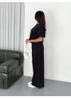 Osy Modal Yumuşak Dokulu Kumaş Bisiklet Yaka T-shirt Bol Paça Pantalon Ikili Takım -Siyah