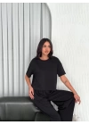 Osy Modal Yumuşak Dokulu Kumaş Bisiklet Yaka T-shirt Bol Paça Pantalon Ikili Takım -Siyah