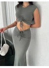 Osy Modal Yumuşak Dokulu Kumaş Büzgülü Crop Etek Takım - Mint Yeşili
