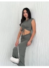 Osy Modal Yumuşak Dokulu Kumaş Büzgülü Crop Etek Takım - Mint Yeşili