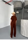 Osy Modal Yumuşak Dokulu Kumaş Kısa Kollu Bluz Rahat Pantalon Ikili Takım- Kahverengi