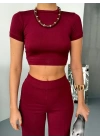 Osy Modal Yumuşak Dokulu Kumaş Kısa Kollu Crop Alt Ispanyol Paça Pantalon Ikili Takım - Bordo