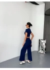 Osy Modal Yumuşak Dokulu Kumaş Kısa Kollu Crop Alt Ispanyol Paça Pantalon Ikili Takım - Lacivert