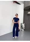 Osy Modal Yumuşak Dokulu Kumaş Kısa Kollu Crop Alt Ispanyol Paça Pantalon Ikili Takım - Lacivert