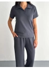 Osy Modal Yumuşak Dokulu Kumaş Kısa Kollu Yakalı T-shirt Pantalon Ikili Takım- Antrasit