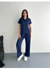 Osy Modal Yumuşak Dokulu Kumaş Kısa Kollu Yakalı T-shirt Pantalon Ikili Takım- Lacivert