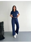 Osy Modal Yumuşak Dokulu Kumaş Kısa Kollu Yakalı T-shirt Pantalon Ikili Takım- Lacivert