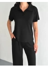 Osy Modal Yumuşak Dokulu Kumaş Kısa Kollu Yakalı T-shirt Pantalon Ikili Takım- Siyah