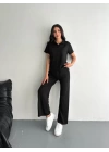 Osy Modal Yumuşak Dokulu Kumaş Kısa Kollu Yakalı T-shirt Pantalon Ikili Takım- Siyah