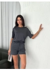 Osy Modal Yumuşak Dokulu Kumaş Parçalı Bisiklet Yaka T-shirt Kısa Şort İkili Takım - Antrasit
