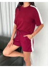 Osy Modal Yumuşak Dokulu Kumaş Parçalı Bisiklet Yaka T-shirt Kısa Şort İkili Takım -  Bordo