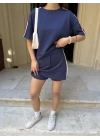 Osy Modal Yumuşak Dokulu Kumaş Parçalı Bisiklet Yaka T-shirt Mini Şortlu Etek İkili Takım -Lacivert