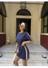 Osy Modal Yumuşak Dokulu Kumaş Parçalı Bisiklet Yaka T-shirt Mini Şortlu Etek İkili Takım -Lacivert