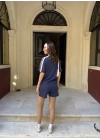 Osy Modal Yumuşak Dokulu Kumaş Parçalı Bisiklet Yaka T-shirt Mini Şortlu Etek İkili Takım -Lacivert