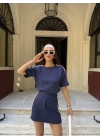 Osy Modal Yumuşak Dokulu Kumaş Parçalı Bisiklet Yaka T-shirt Mini Şortlu Etek İkili Takım -Lacivert
