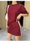 Osy Modal Yumuşak Dokulu Kumaş Parçalı Bisiklet Yaka T-shirt Mini Şortlu Etek İkili Takım -Bordo