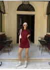 Osy Modal Yumuşak Dokulu Kumaş Parçalı Bisiklet Yaka T-shirt Mini Şortlu Etek İkili Takım -Bordo