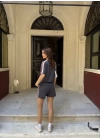 Osy Modal Yumuşak Dokulu Kumaş Parçalı Bisiklet Yaka T-shirt Mini Şortlu Etek İkili Takım - Füme