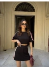 Osy Modal Yumuşak Dokulu Kumaş Parçalı Bisiklet Yaka T-shirt Mini Şortlu Etek İkili Takım - Siyah