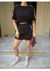 Osy Modal Yumuşak Dokulu Kumaş Parçalı Bisiklet Yaka T-shirt Mini Şortlu Etek İkili Takım - Siyah