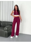 Osy Modal Yumuşak Dokulu Kumaş Tam Fermuarlı Crop Pantalon İkili Takım - Bordo