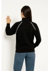 Oversize Dik Yaka Fermuarlı Sweatshirt - Zincir Nakışli Kanguru Cepli, - Siyah