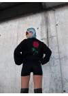 Oversize Üç İplik Bisiklet Yaka Baskılı SweatShirt - Siyah