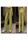 Kadın Yeşil Yüksek Bel Cepsiz Beli Lastikli Gofre Dokulu Bol Paça Rahat Günlük Pantolon