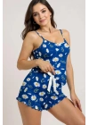 Papatya Desenli Mavi Askılı Şortlu Pijama Takımı