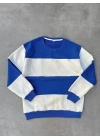 Parçalı Bisiklet Yaka Baskılı SweatShirt - Mavi