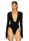 bysoca Kadın Siyah Kemerli Derin V Yaka Uzun Kollu Parmak Geçmeli Sandy Kumaş Tanga Bodysuit