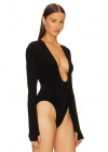 bysoca Kadın Siyah Kemerli Derin V Yaka Uzun Kollu Parmak Geçmeli Sandy Kumaş Tanga Bodysuit