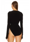 bysoca Kadın Siyah Kemerli Derin V Yaka Uzun Kollu Parmak Geçmeli Sandy Kumaş Tanga Bodysuit