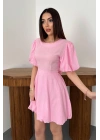 Pembe Arkadan Bağlamalı Keten Elbise - Pembe