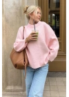 Kadın Pembe Bisiklet Yaka Uzun Kollu Oversize Yumuşak Dokulu Triko Kazak