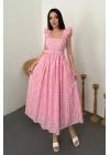 Pembe Dantelli Brode Elbise - Pembe