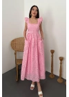 Pembe Dantelli Brode Elbise - Pembe