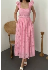 Pembe Dantelli Brode Elbise - Pembe