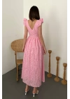 Pembe Dantelli Brode Elbise - Pembe