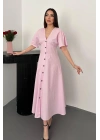 Pembe Düğmeli Midi Boy Poplin Elbise - Pembe