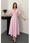 Pembe Düğmeli Midi Boy Poplin Elbise - Pembe