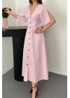 Pembe Düğmeli Midi Boy Poplin Elbise - Pembe