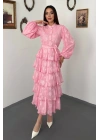 Pembe Valonlu Şeritli Uzun Elbise
