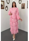 Pembe Valonlu Şeritli Uzun Elbise