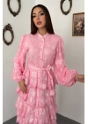 Pembe Valonlu Şeritli Uzun Elbise