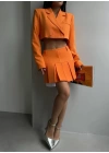 Pileli Etek Crop Ceket Takım