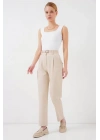 Pileli Kemerli Kumaş Pantolon 6725 - Krem